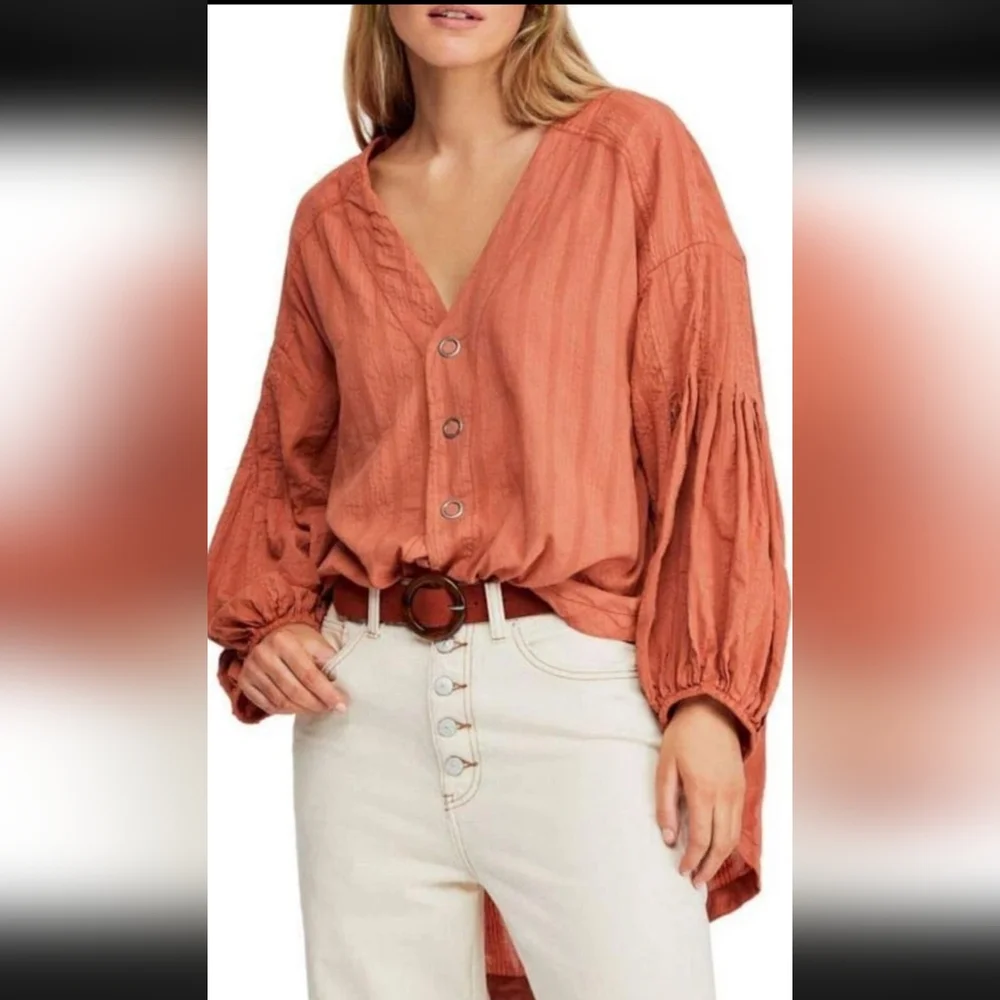 Free People Brown Buttoned Ruched Blouse